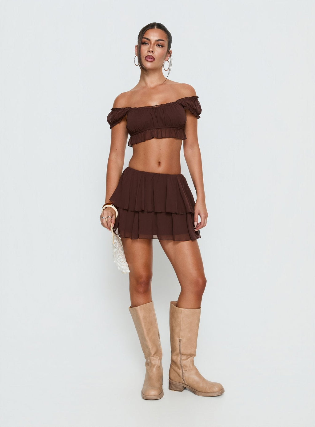 Ackee Ruched Off Shoulder Top Brown