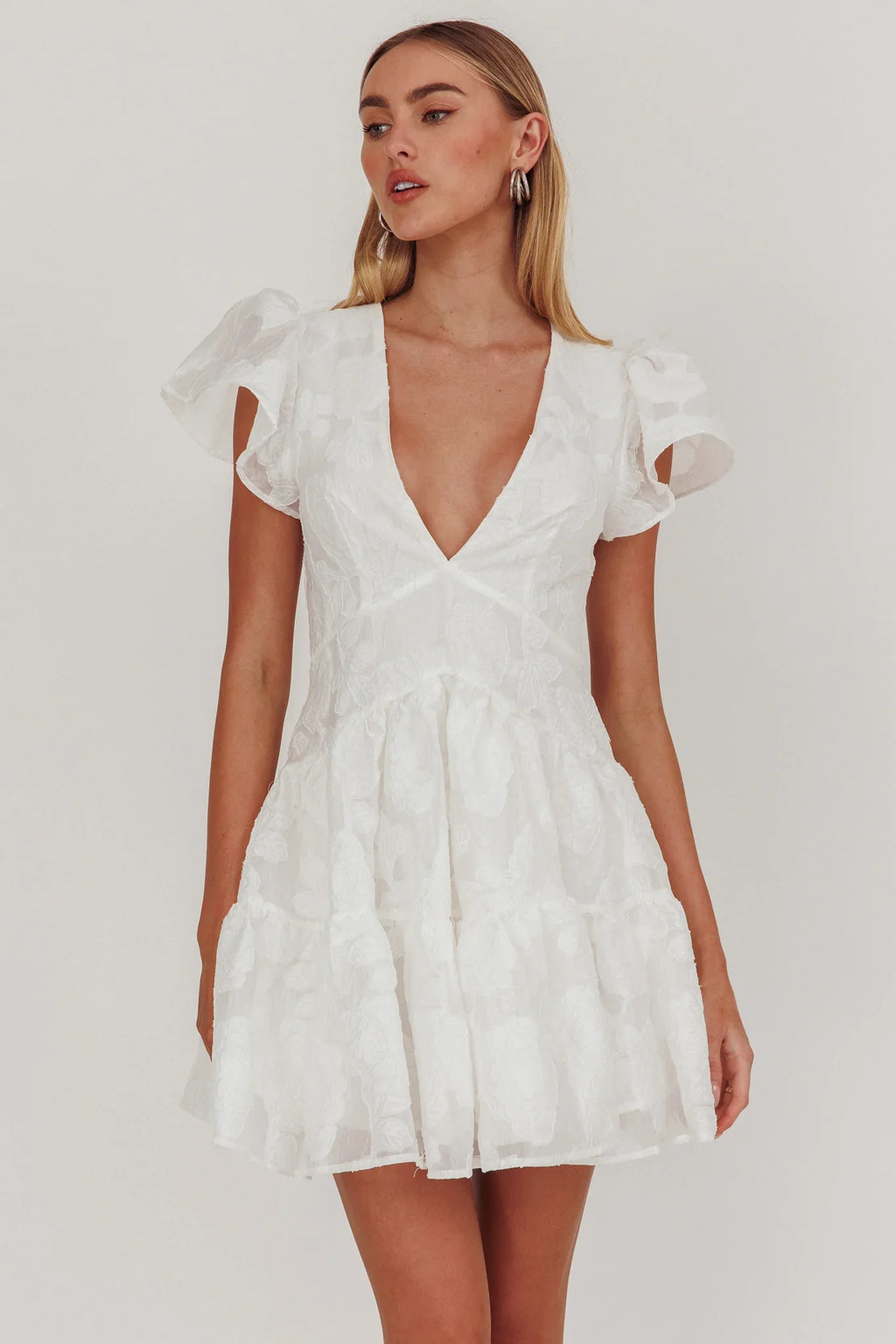 Irenna Ruffle Sleeve V-Neck Mini Dress Textured White