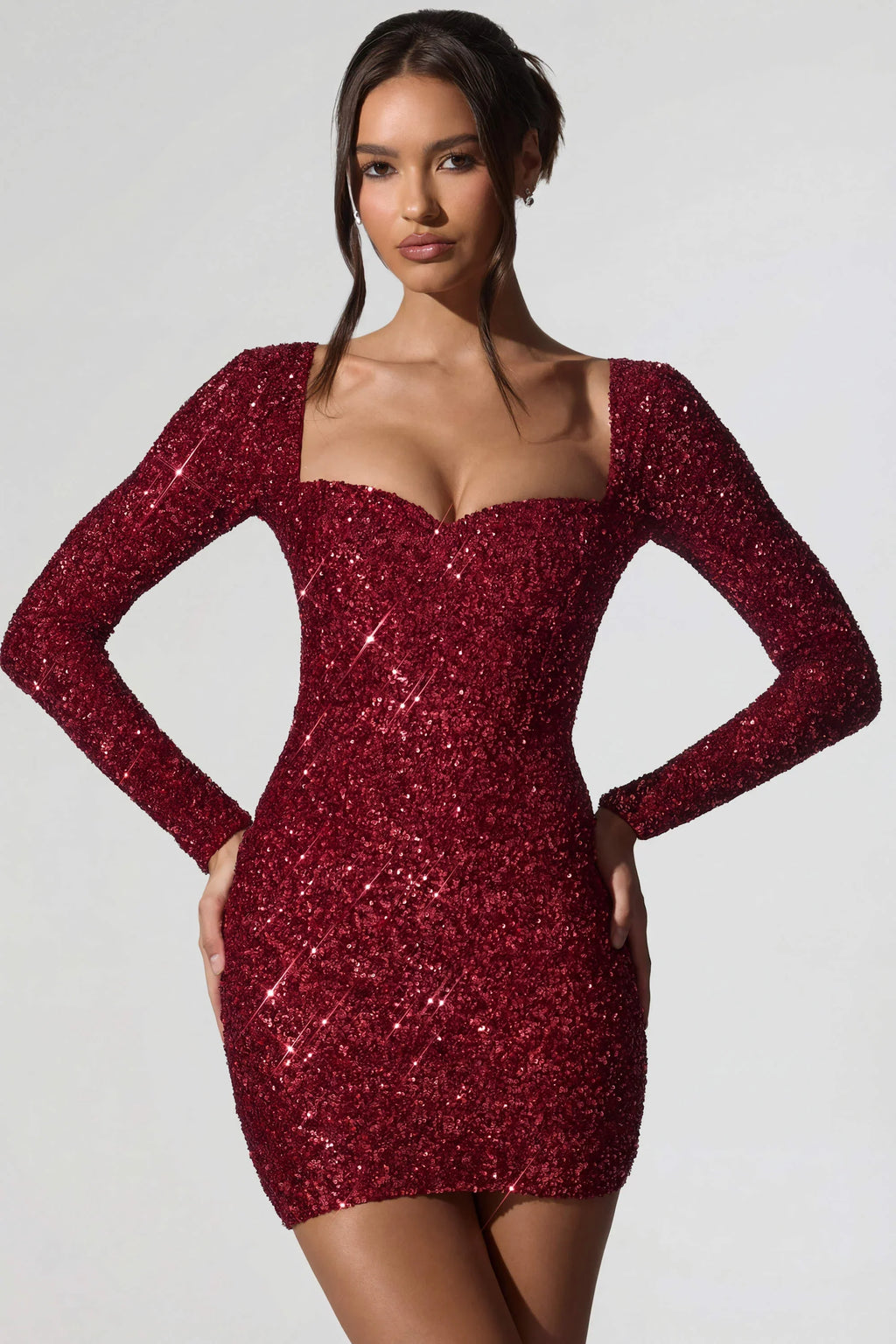 Embellished Sweetheart-Neck Mini Dress in Red