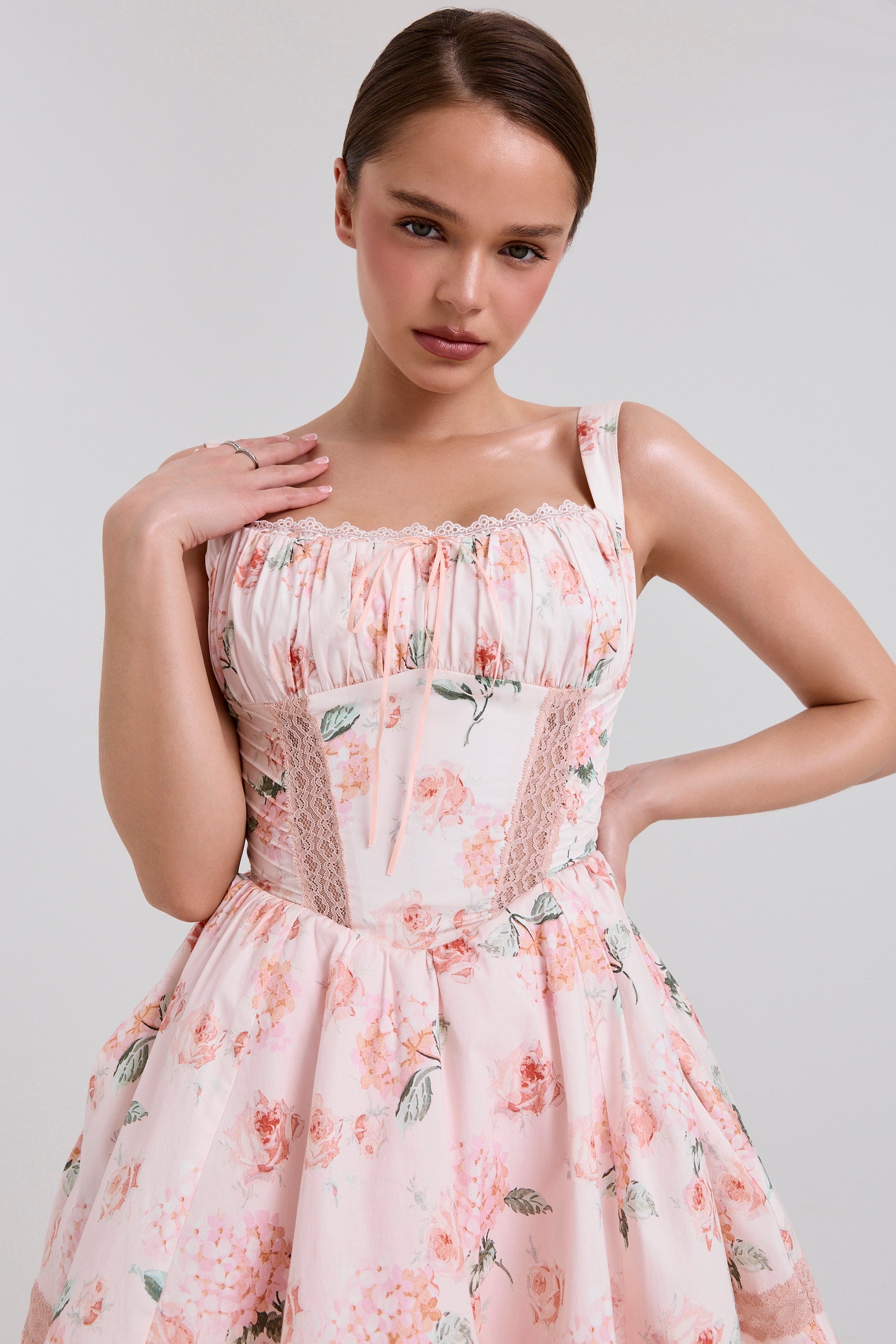 peach floral rose print cotton mini dress