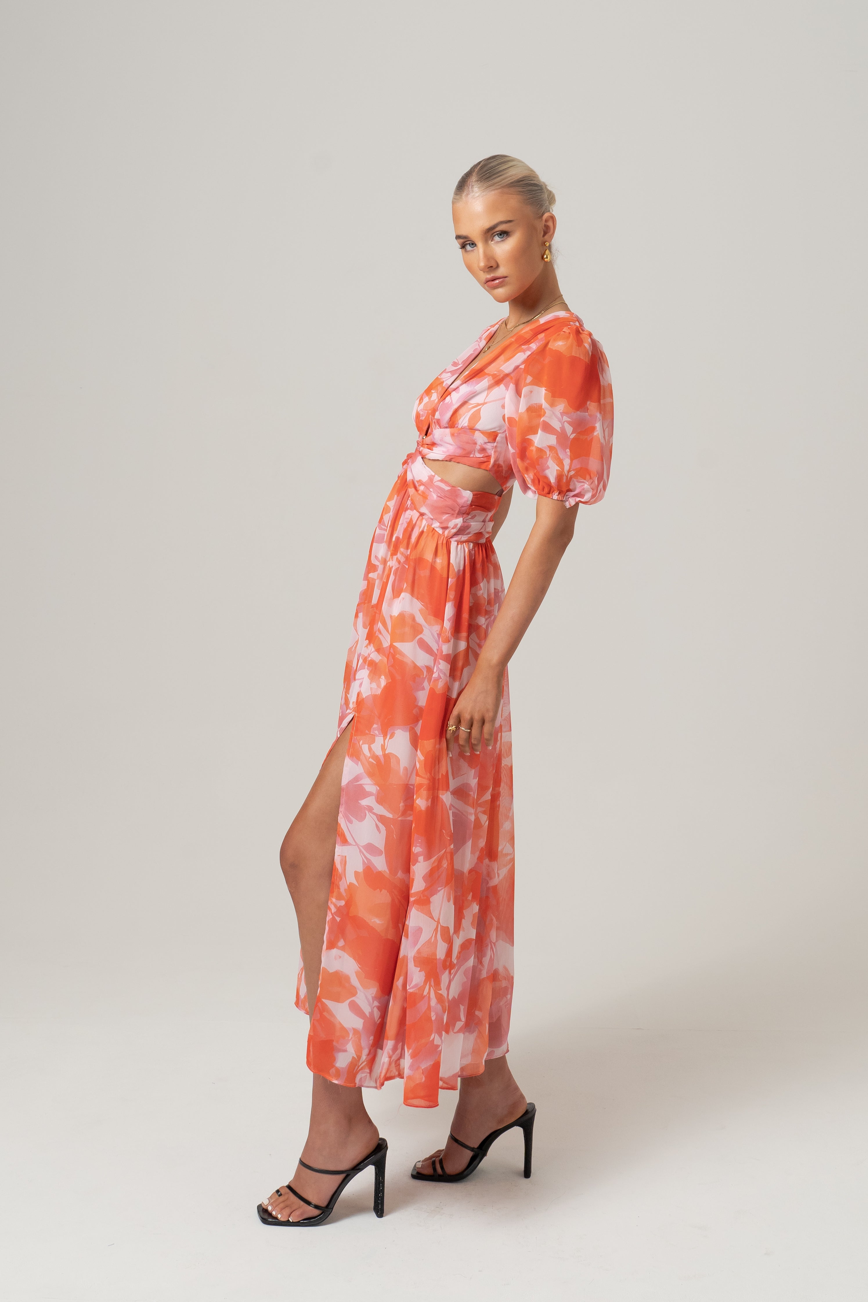 Latife Puff Sleeve Print Maxi Dress with Waist Cut-Outs