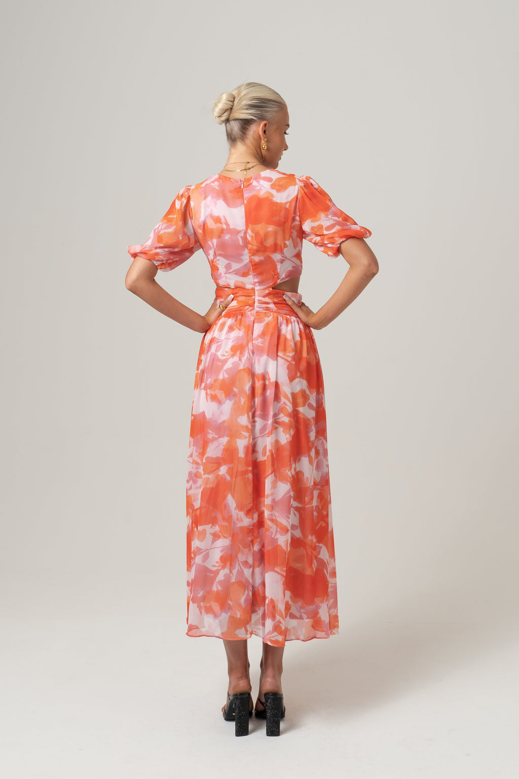 Latife Puff Sleeve Print Maxi Dress with Waist Cut-Outs