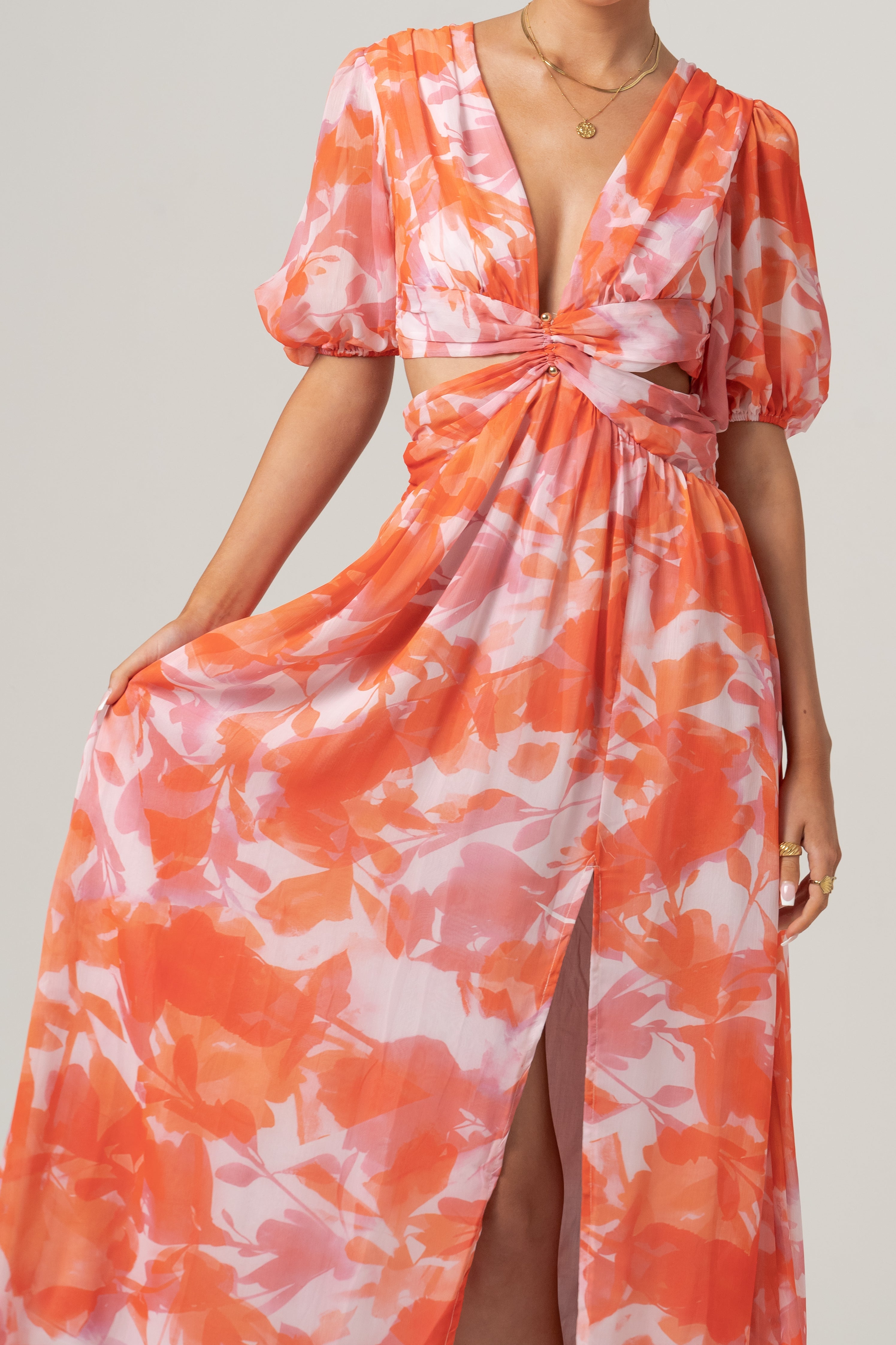 Latife Puff Sleeve Print Maxi Dress with Waist Cut-Outs