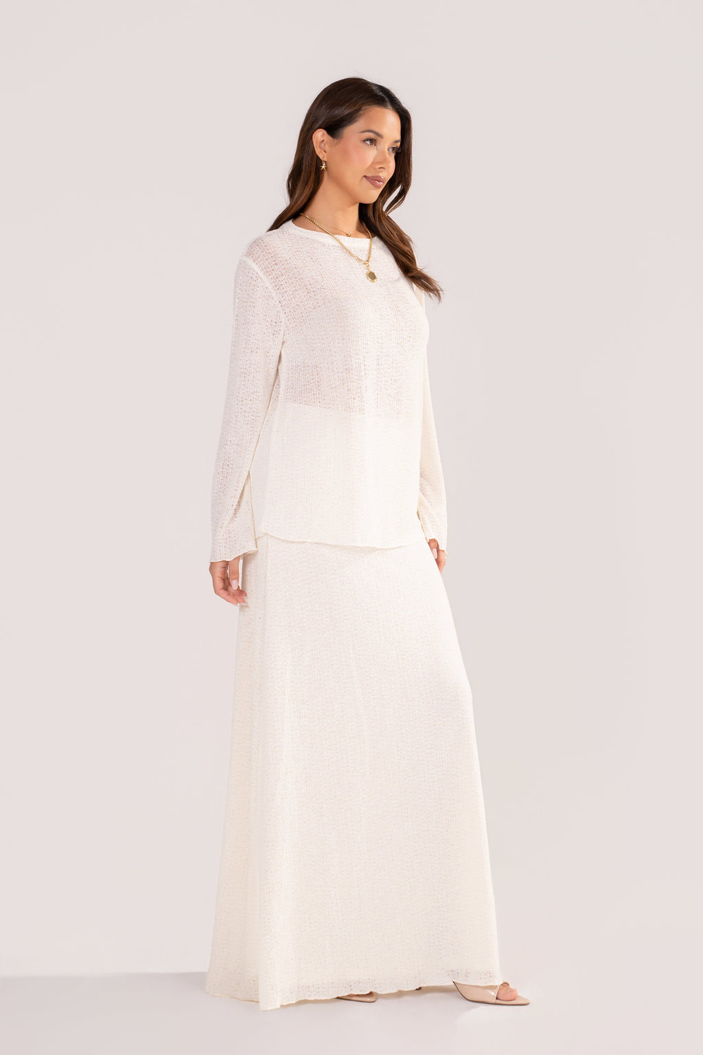 Harper Long Sleeve Cream Crochet Top & Skirt Set