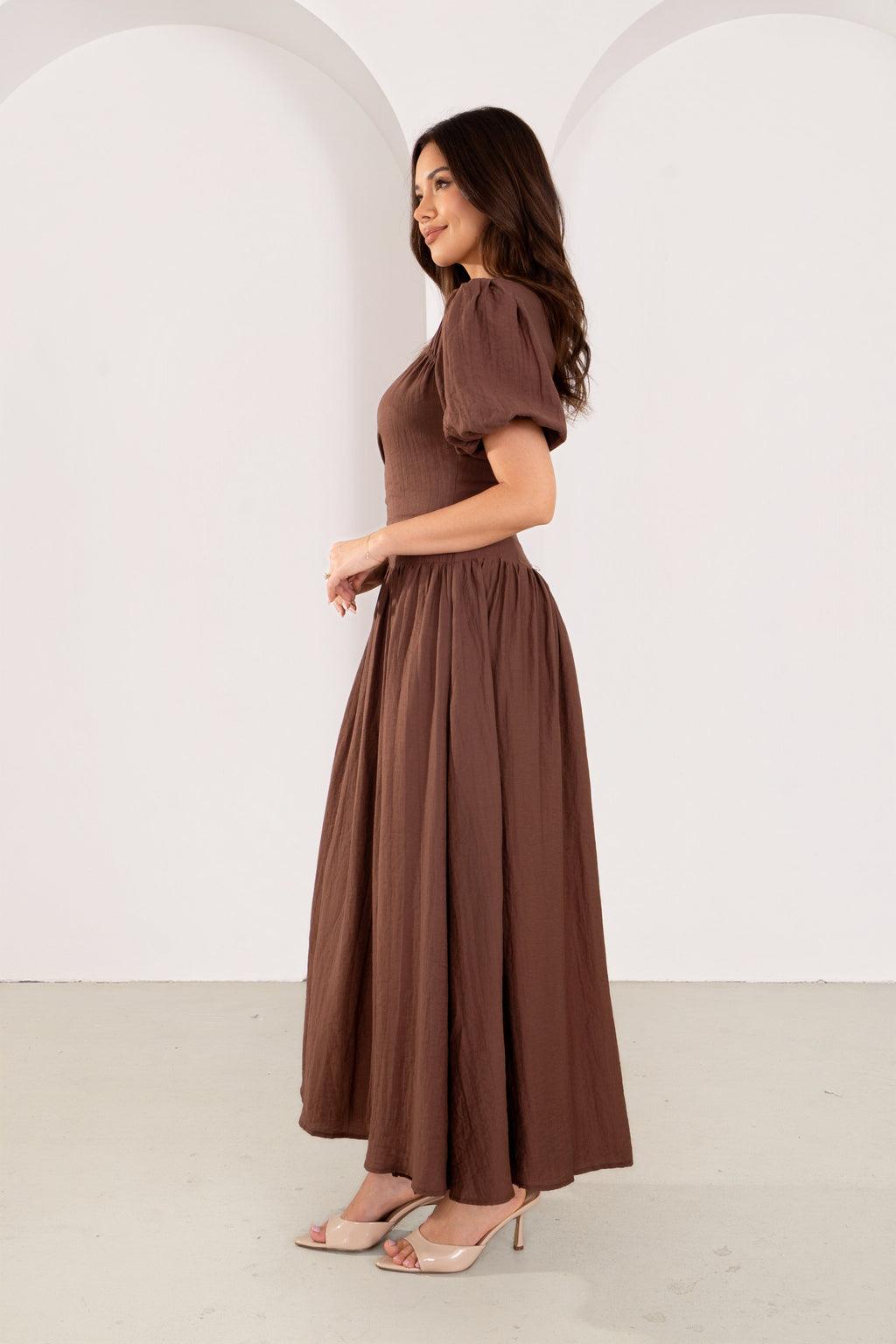 Isolde Chocolate Puff Sleeve Maxi Dress