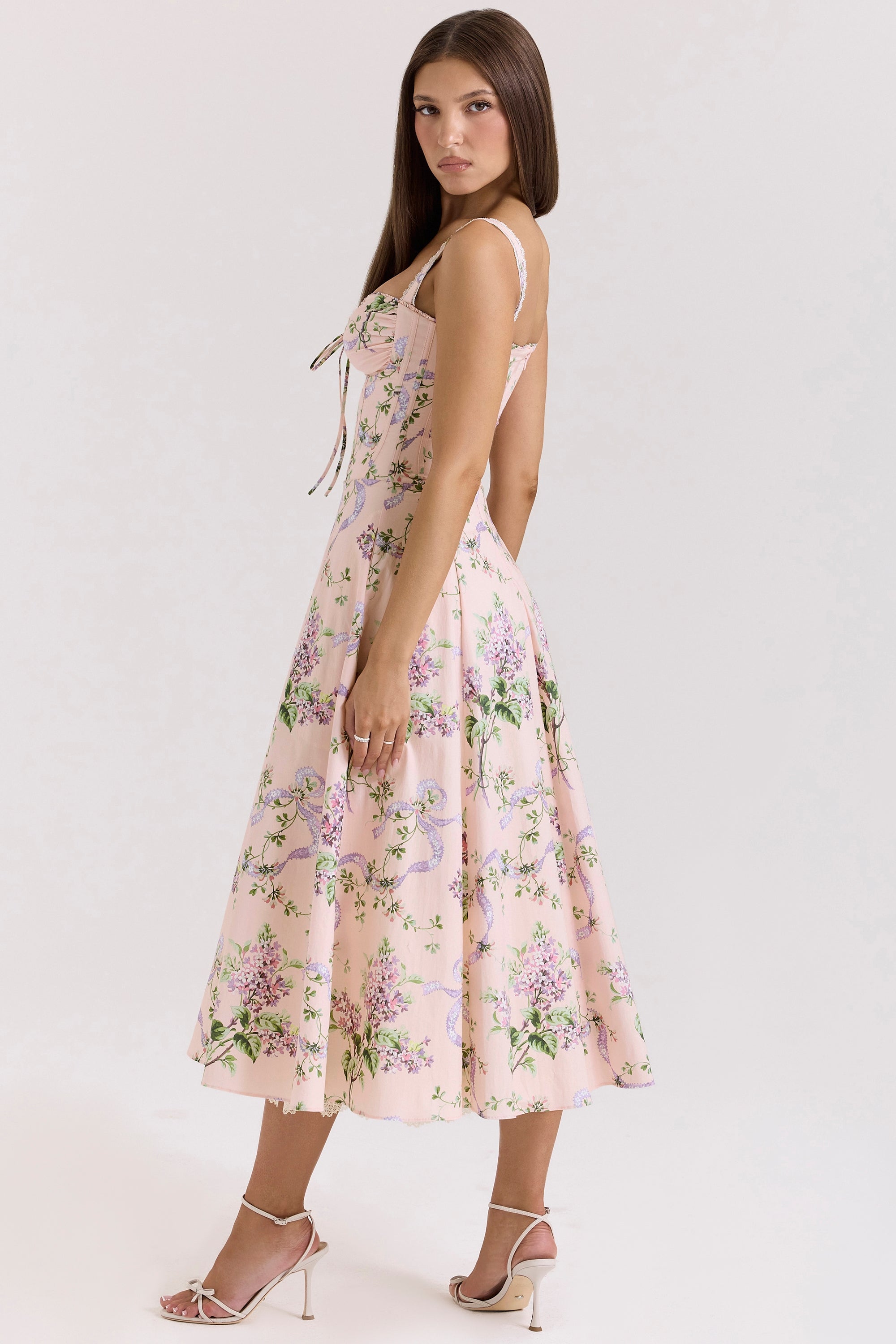 pink floral corset midi dress